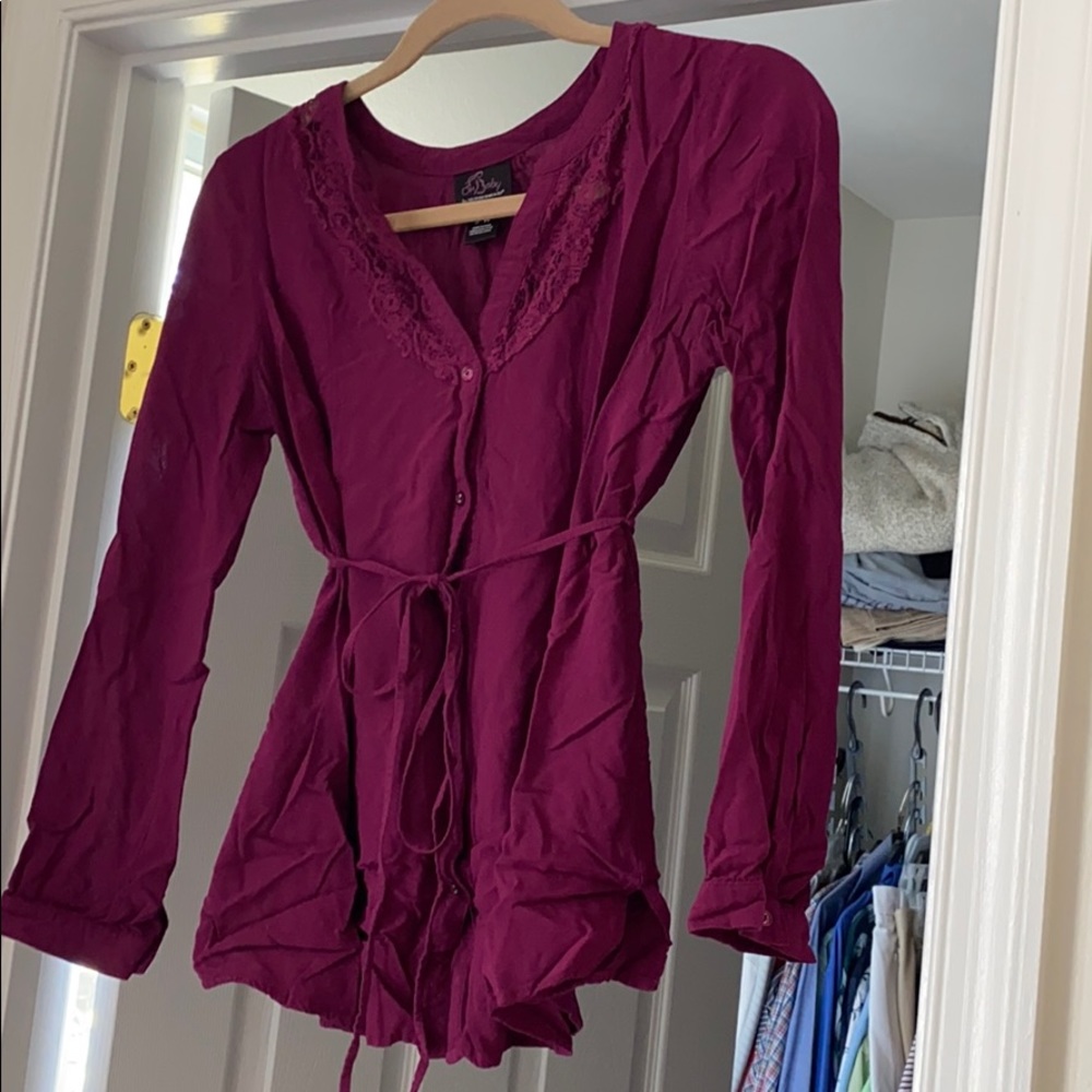 Purplish maternity shirt, button down & waist tie
